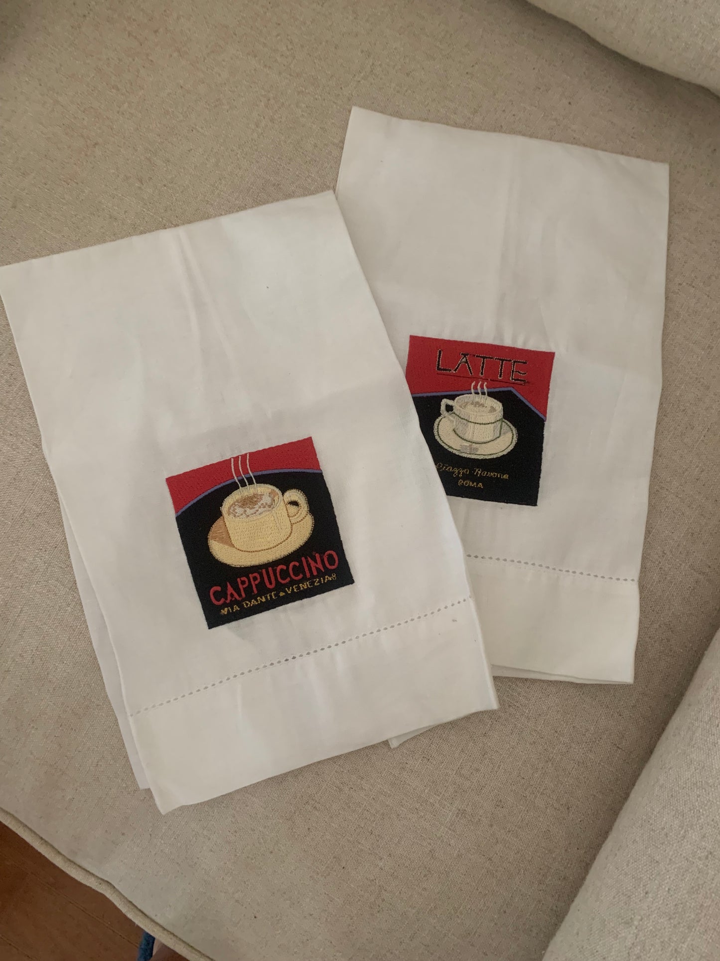 Cappuccino and Latte Kitchen Linen Towels - Embroidered