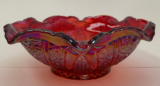Vintage Indiana Carnival Glass with Ruffled Edge in Iridescent Sunset Red