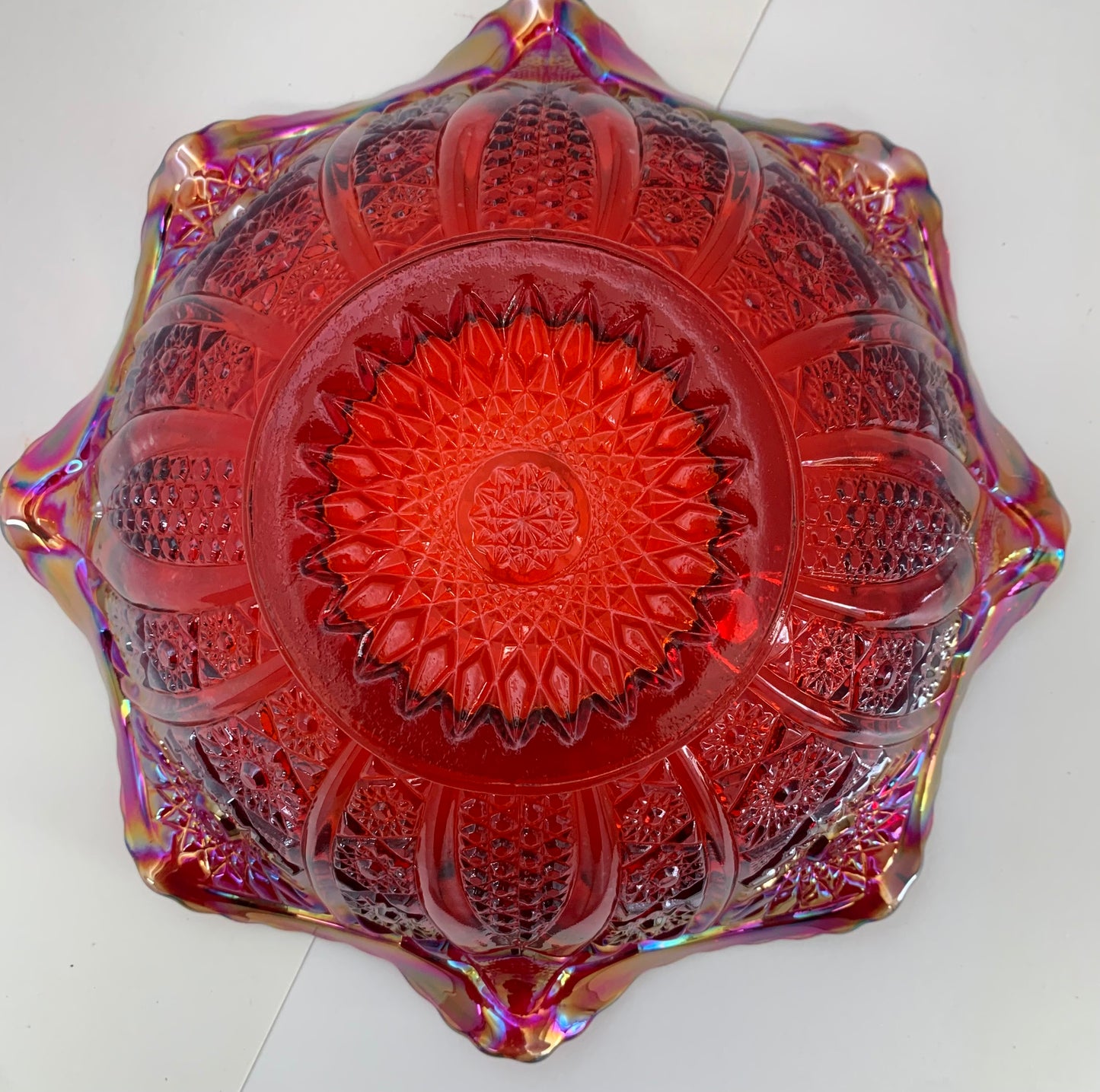 Vintage Indiana Carnival Glass with Ruffled Edge in Iridescent Sunset Red