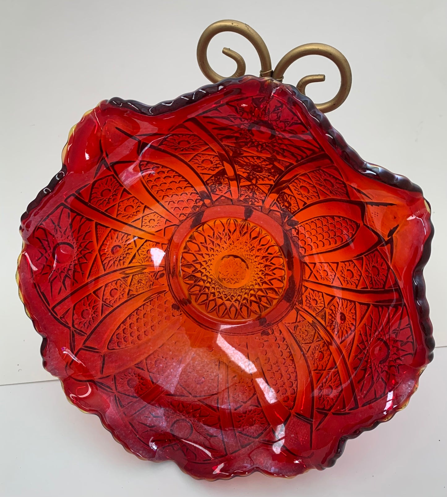 Vintage Indiana Carnival Glass with Ruffled Edge in Iridescent Sunset Red