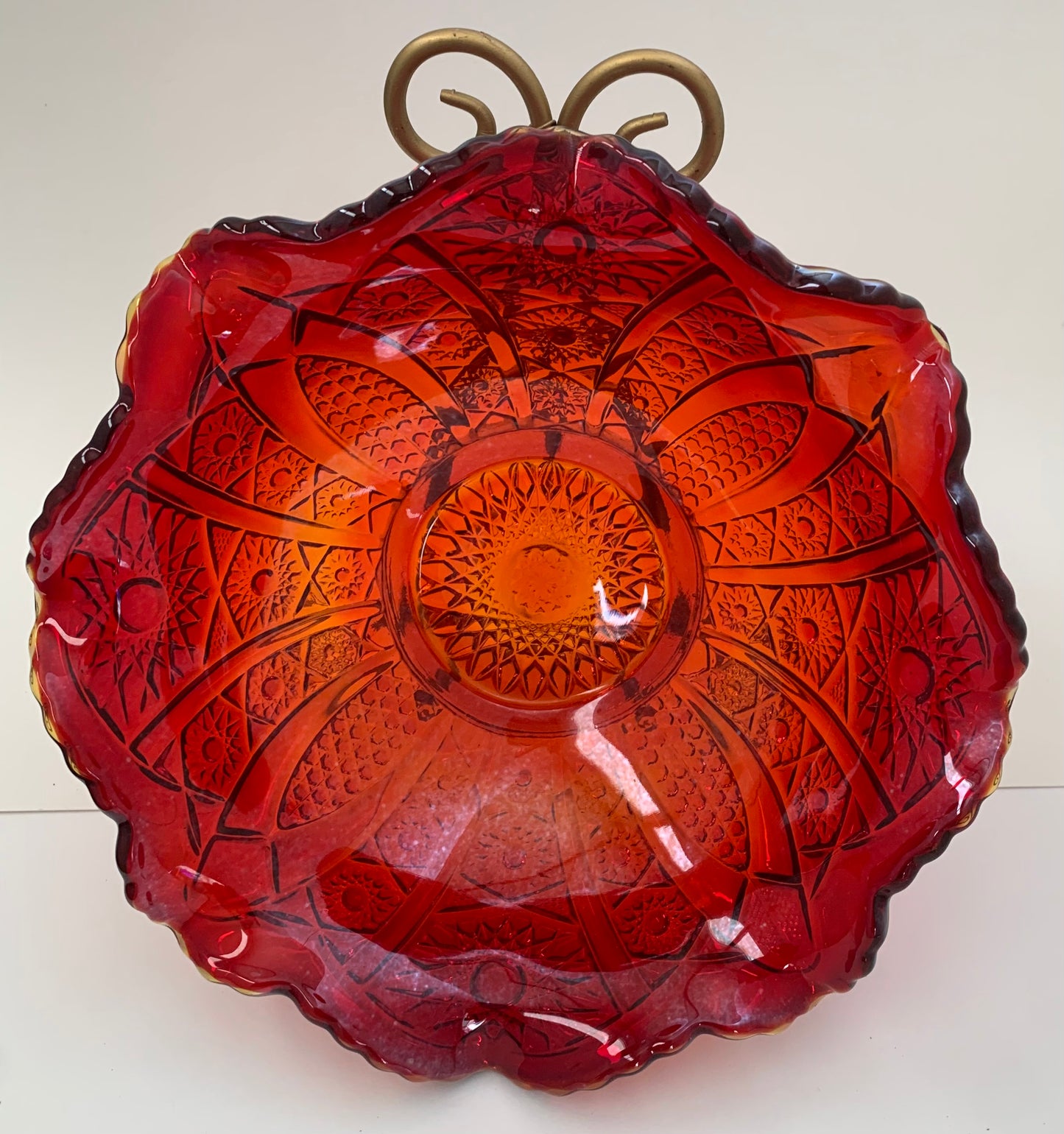 Vintage Indiana Carnival Glass with Ruffled Edge in Iridescent Sunset Red