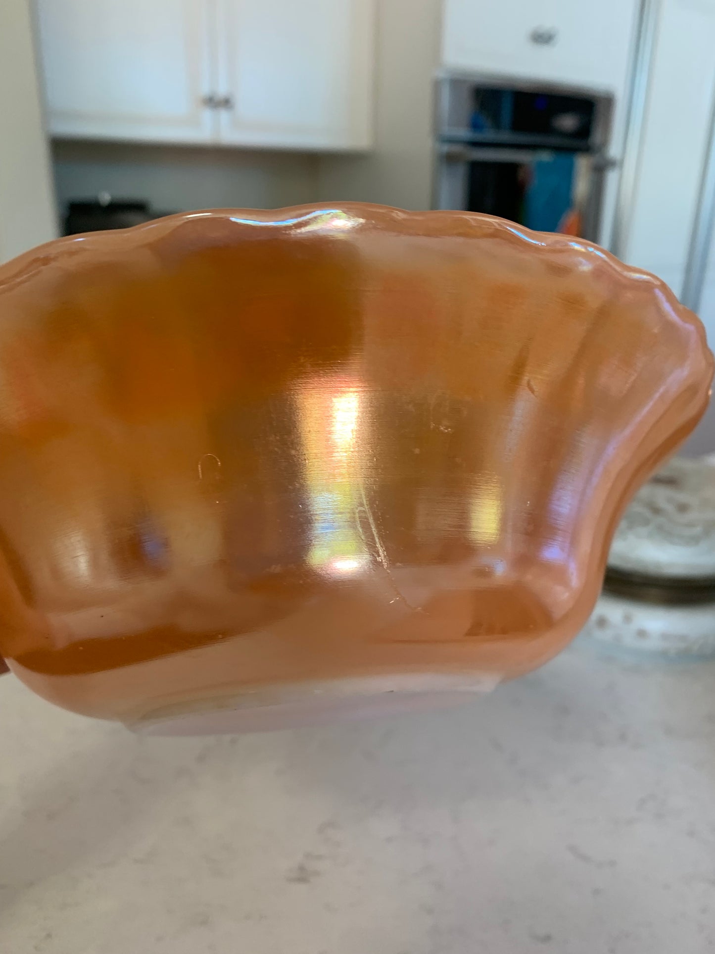 Vintage FireKing Peach Swirl Luster Bowl