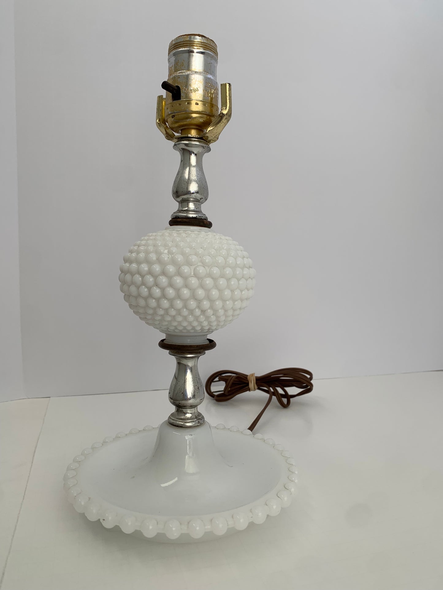 Vintage Hobnail Milk Glass table Lamp with Saucer Base