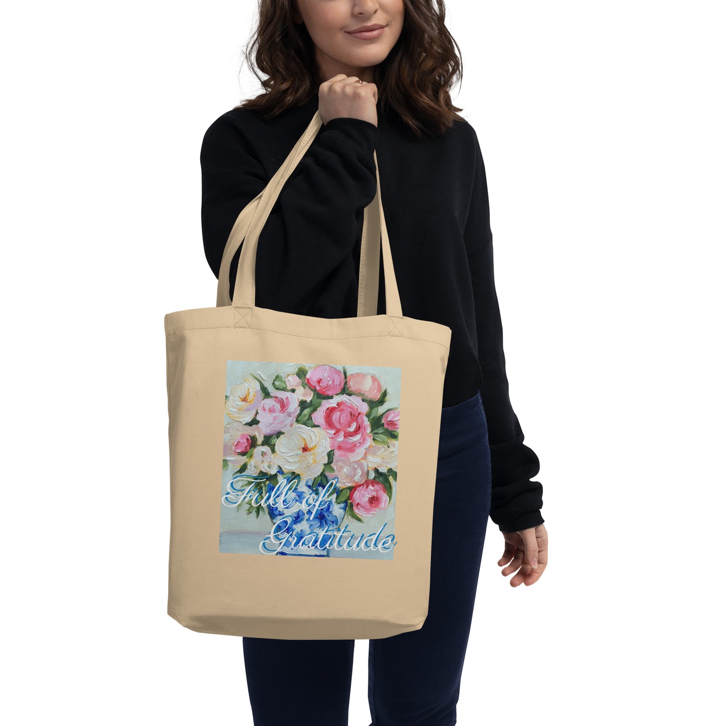 Full of Gratitude in Blue & White Vase w/Flowers Eco Tote Bag