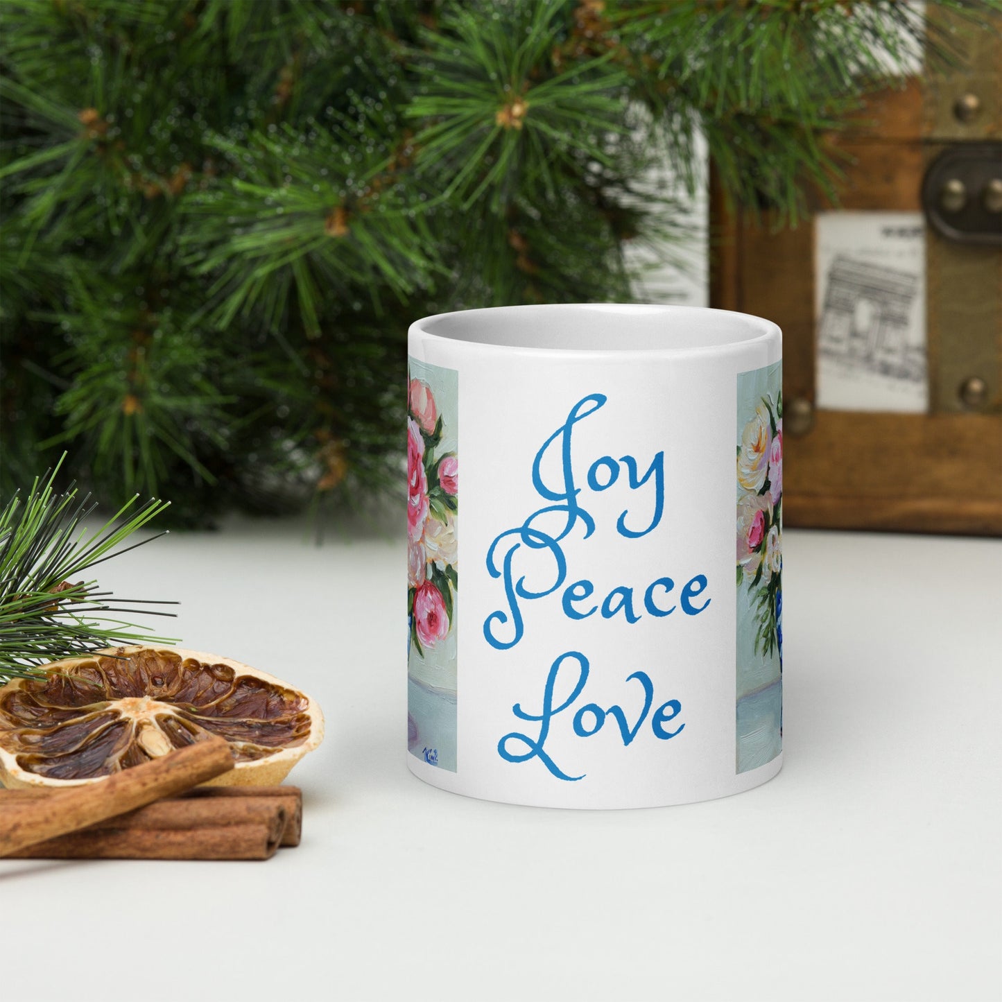 Blue & White Vase with Roses Joy, Peace, Love Mug