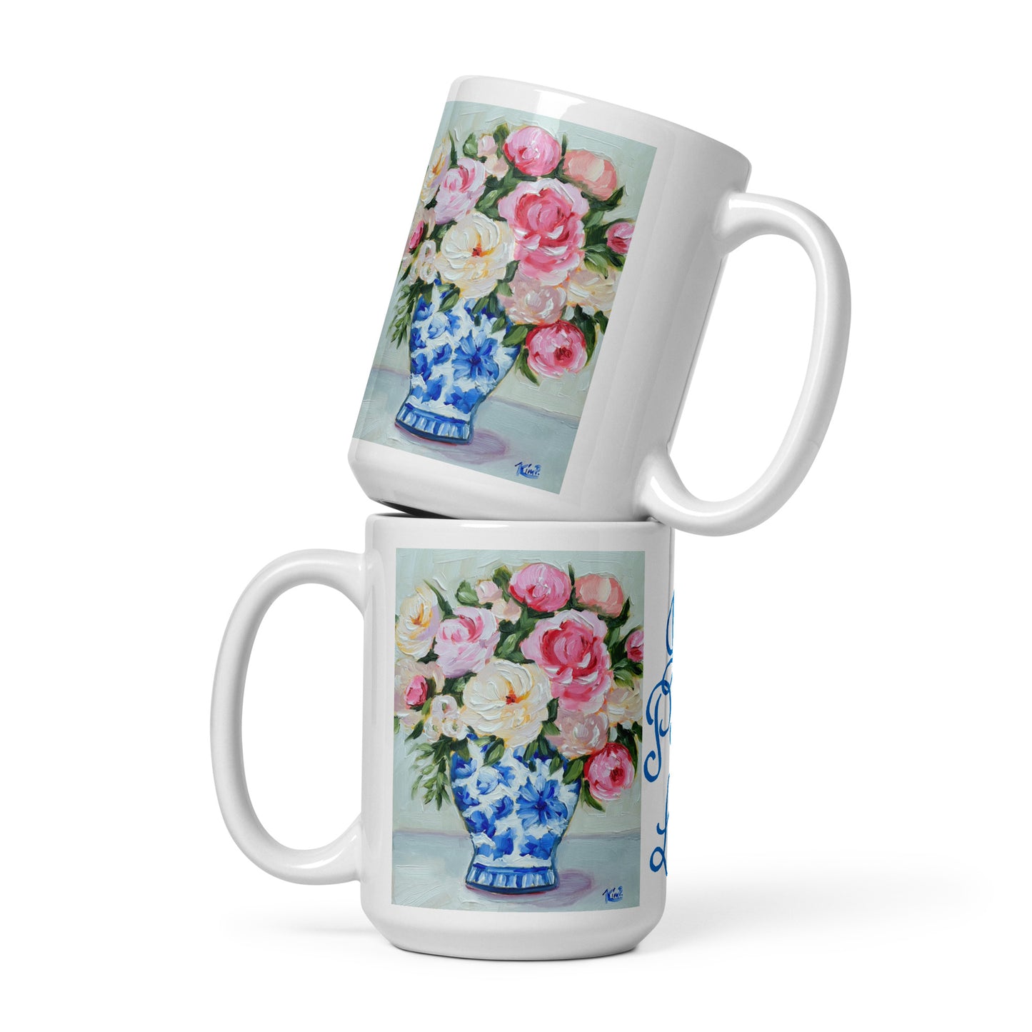 Blue & White Vase with Roses Joy, Peace, Love Mug