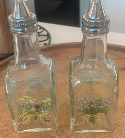 Glass Oil & Vinegar Set w/Lovely Floral Design