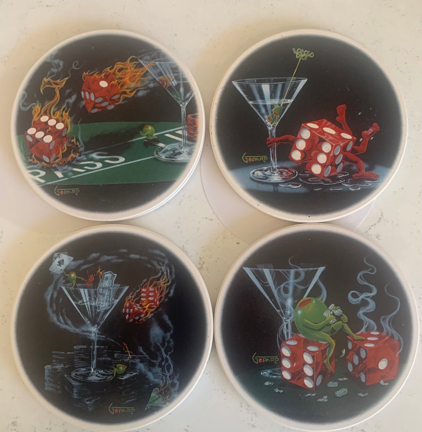 Set of 4 Michael Godard Oh My Godard Loaded Dice Ceramic Coasters