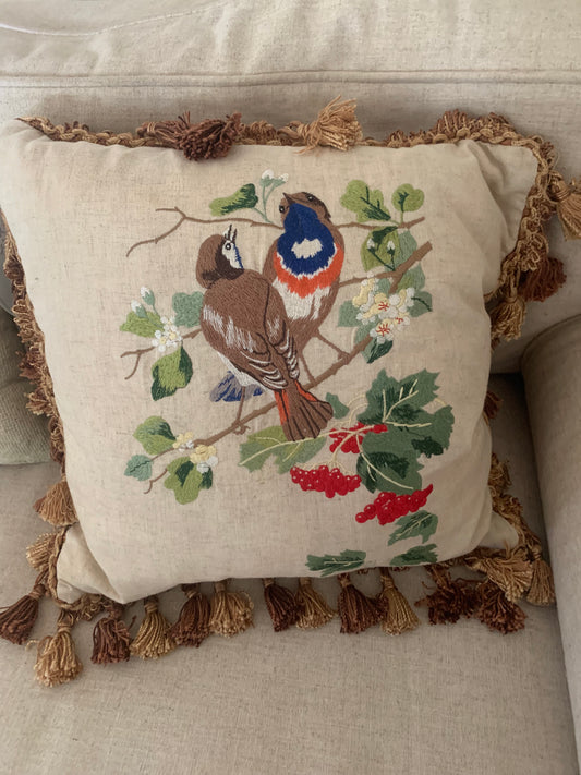 Fringed and Embroidered Decorative Pillow with Colorful Birds and Berries