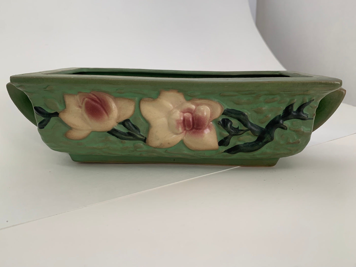 Green & Pink Roseville Pottery, Rectangular Magnolia Planter