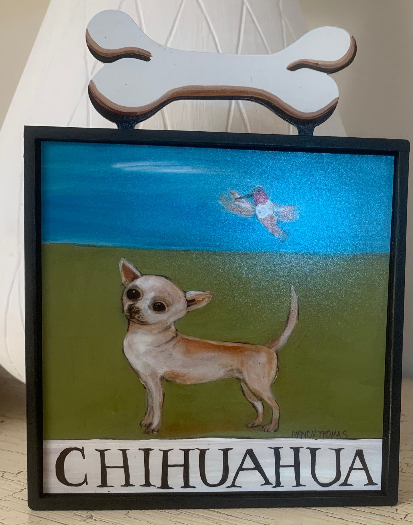 Chihuahua Nancy Thomas Folk Artist Dog Series w/ Hand-painted Dog Bone Topper,  Retired