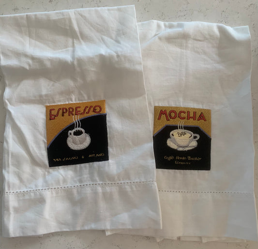 Coffee Display Towels, Espresso & Mocha Embroidered Cotton Linen