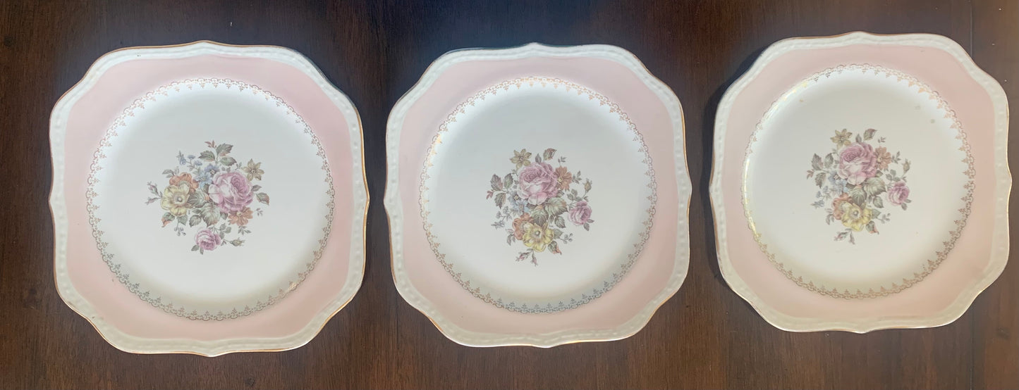 Vintage Homer Laughlin Pink  with Gold Trim Dessert Plates, Set of 3