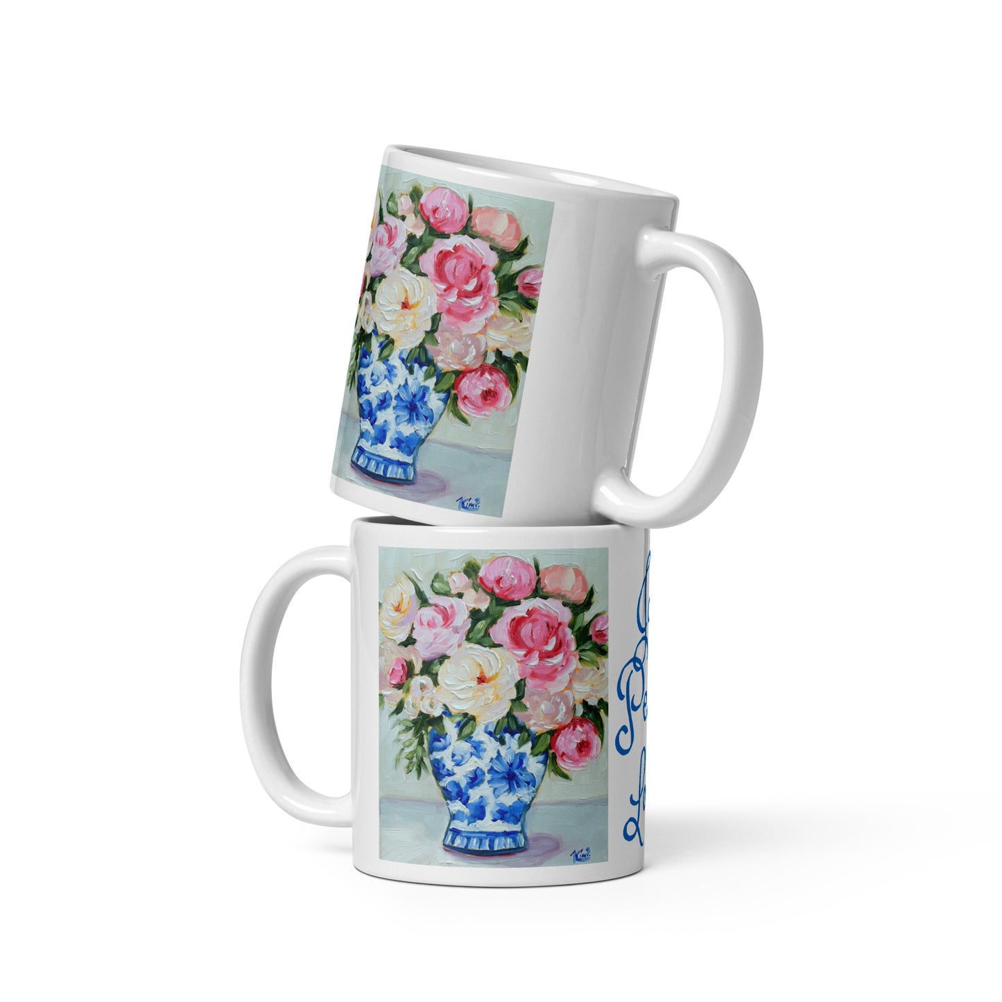 Blue & White Vase with Roses Joy, Peace, Love Mug