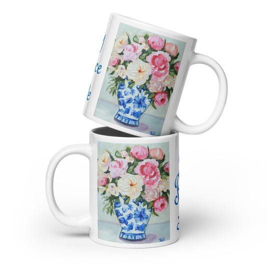 Blue & White Vase with Roses Joy, Peace, Love Mug