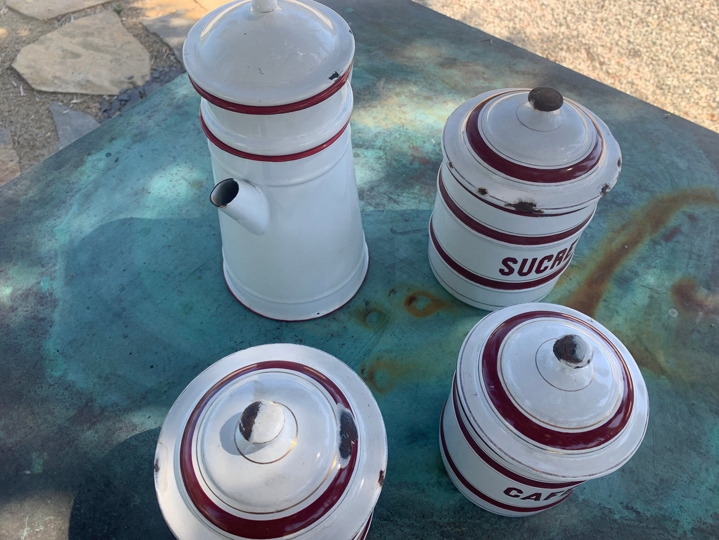 Set of 4 French Enamelware Canisters and Coffee Pot
