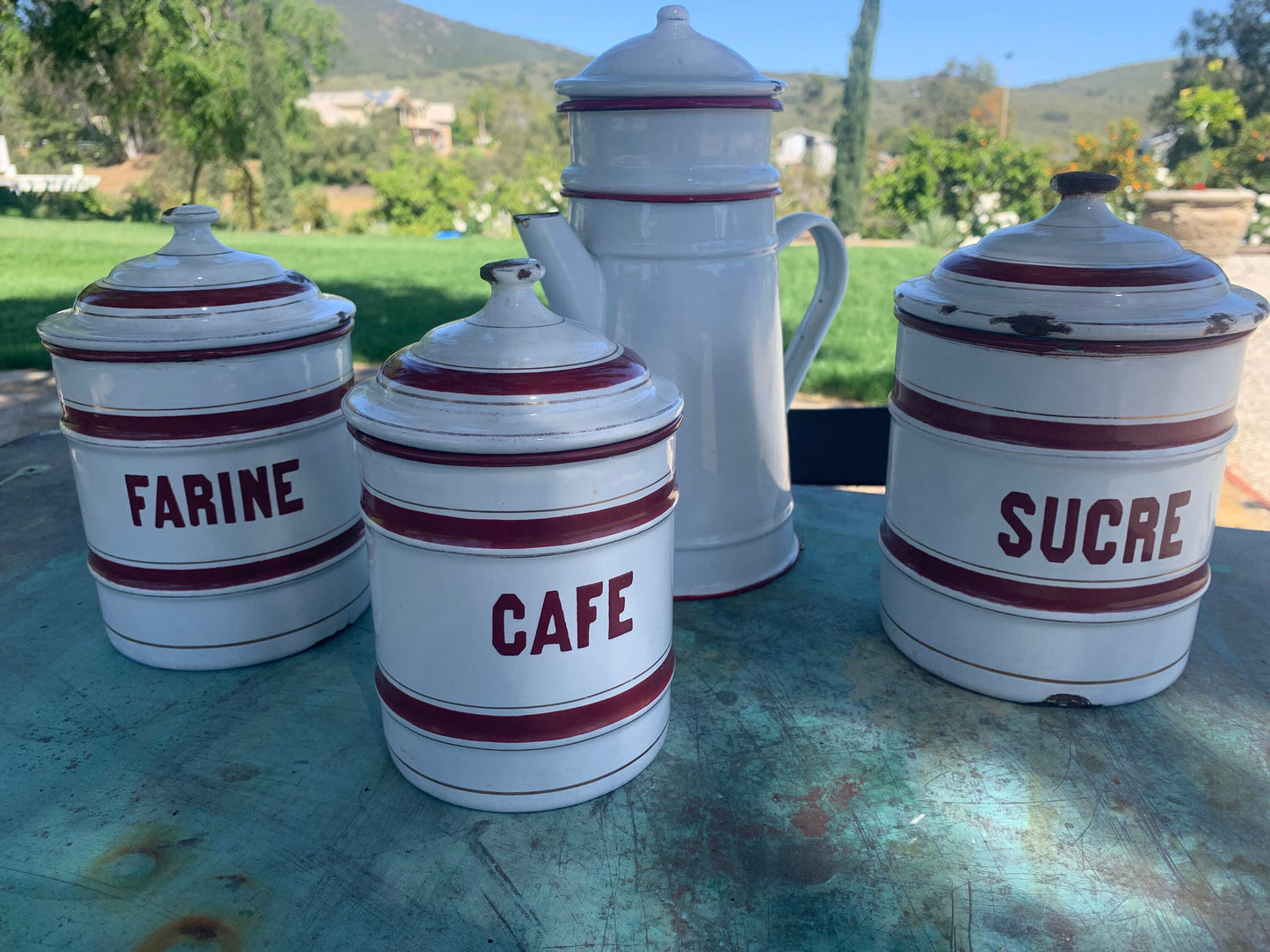 Set of 4 French Enamelware Canisters and Coffee Pot